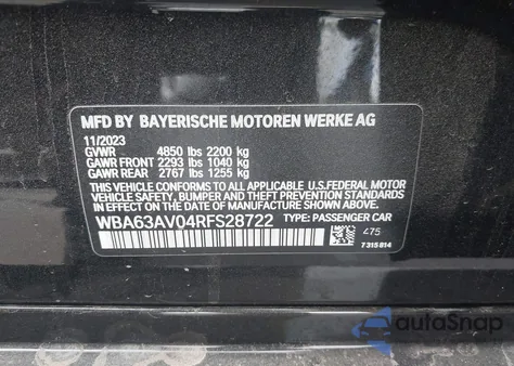 2024 BMW 430I Gran Coupe from USA, damaged, VIN WBA63AV04RFS28722